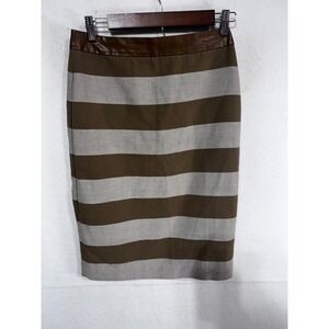 DE COLLECTION Vintage Couture Sz S Brown Striped Pencil Skirt Faux Leather Trim